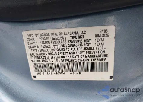 2006 Honda Odyssey Ex-L z USA, uszkodzony, nr VIN 5FNRL38726B124329